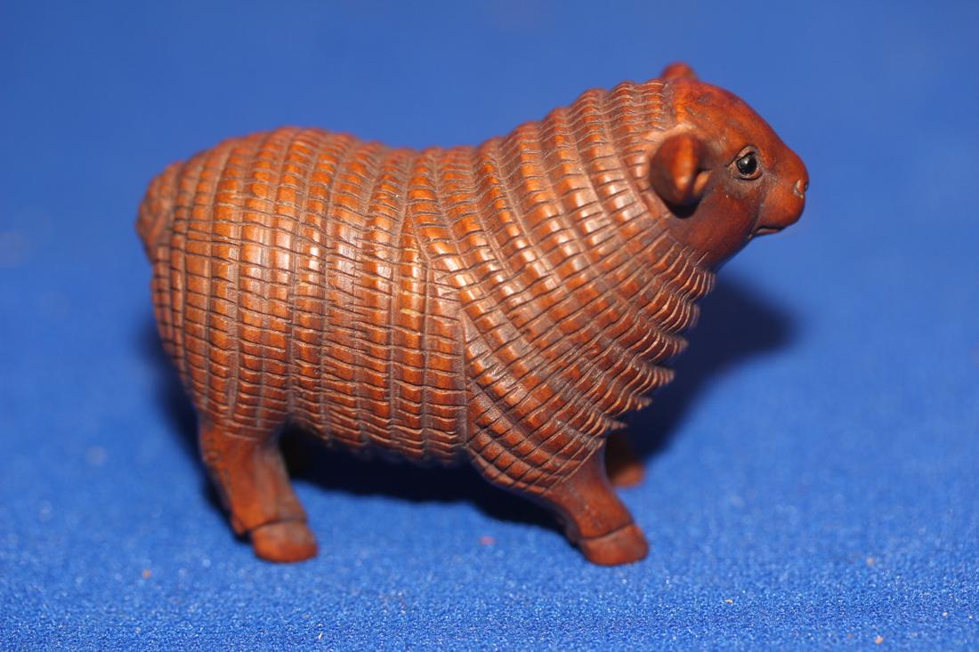 Signed Japanese Wooden Lamb Netsuke: 2 1/8" across