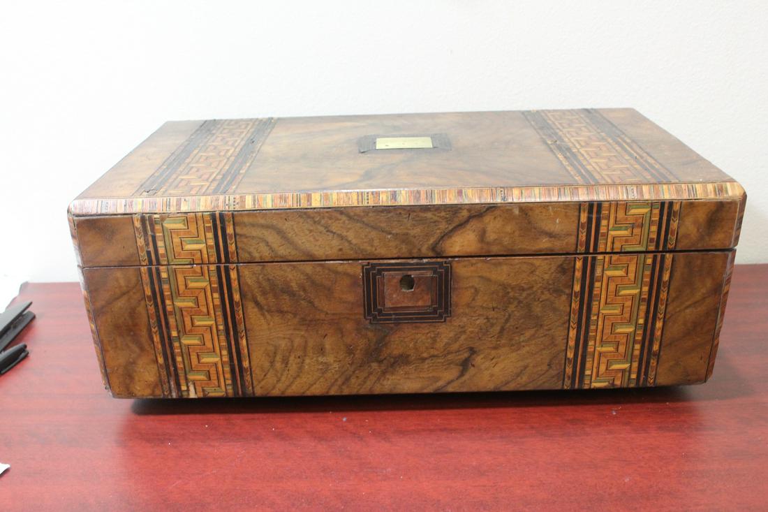 An Inlaid Wooden Lapdesk: please note: minor losses and no key - 19 1/2" wide