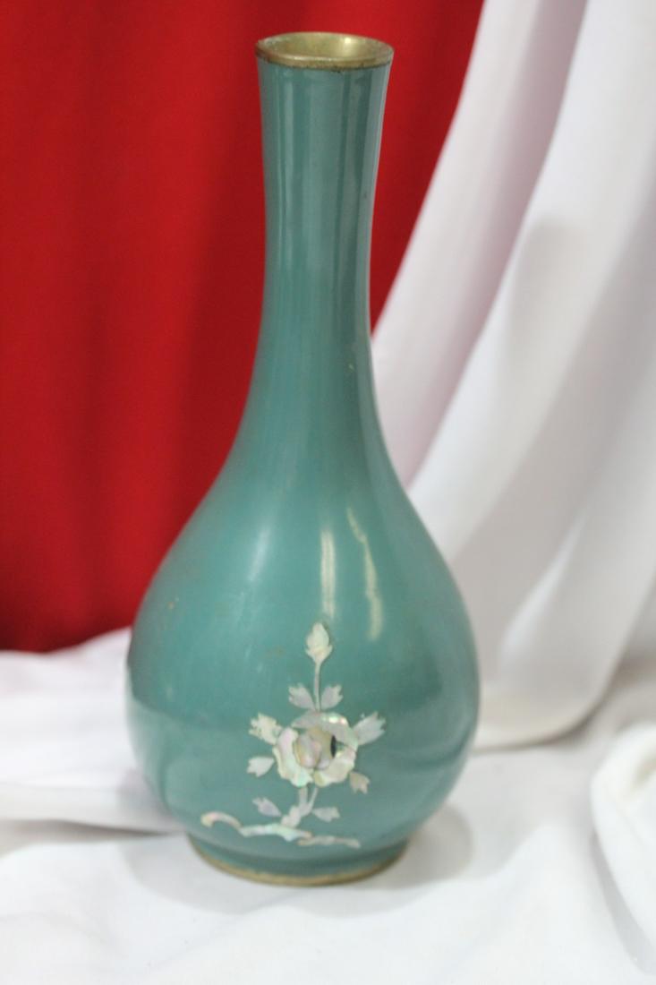 A vintage Korean Mother of Pearl Enamel Vase: 6 3/4" tall