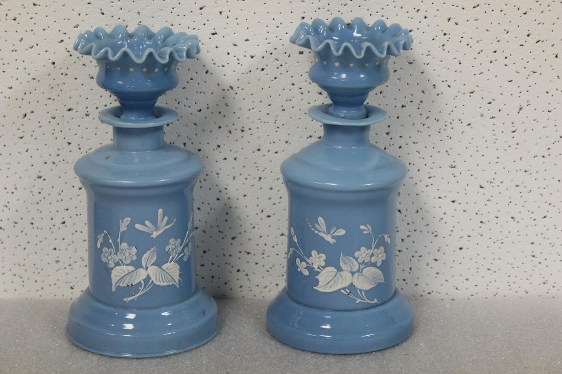 A Pair of Bristol Glass Candle Holders: Each approximately 5 3/4" tall