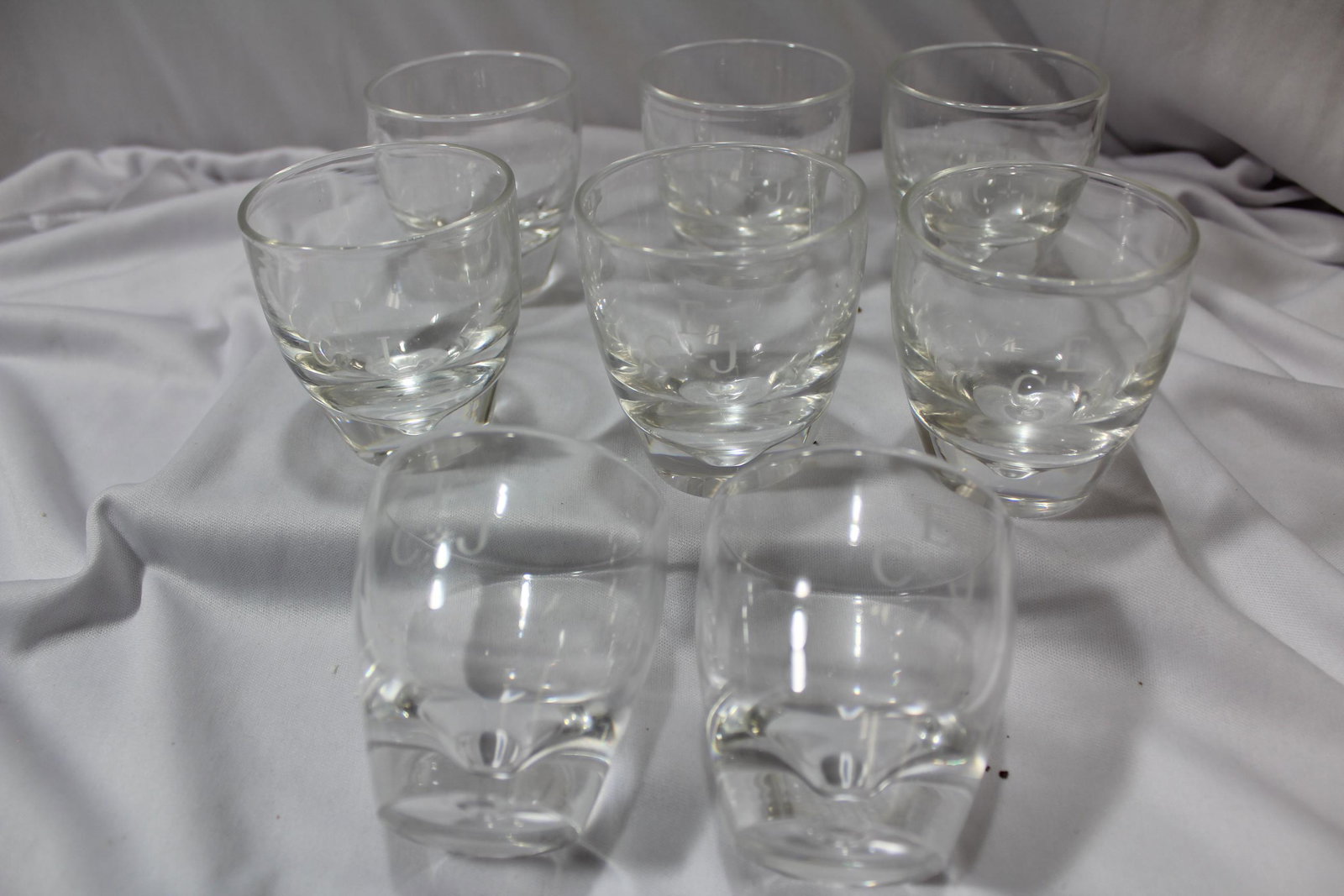 Set of 8 Signed Stuben Glass Cup: Engraved :ECJ - 3" tall each