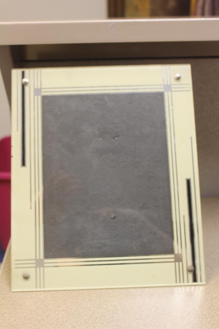 Art deco glass picture frame: overall= 12" x 10" , probably will fit an 8" x 10" picture