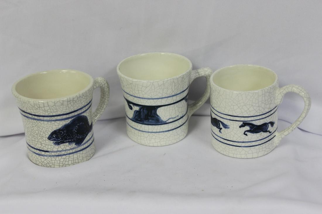 Lot of 3 Blue and White Cups: signed - each cup= 3 inches tall
