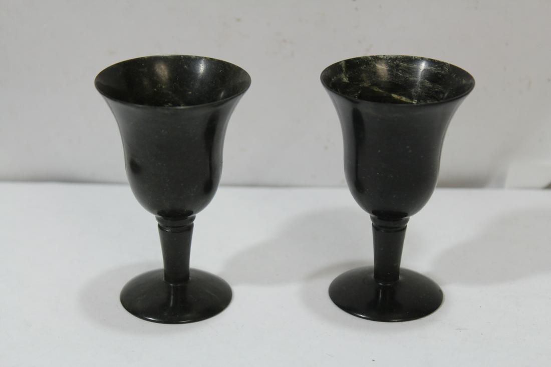 A Pair of Spinach Jade Cups: please note: box cannot close completely - 3 1/8" tall each