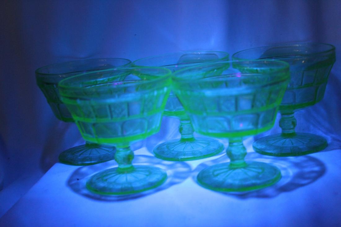 Lot of 5 Vaseline Glass Goblets: 3 1/2" tall each