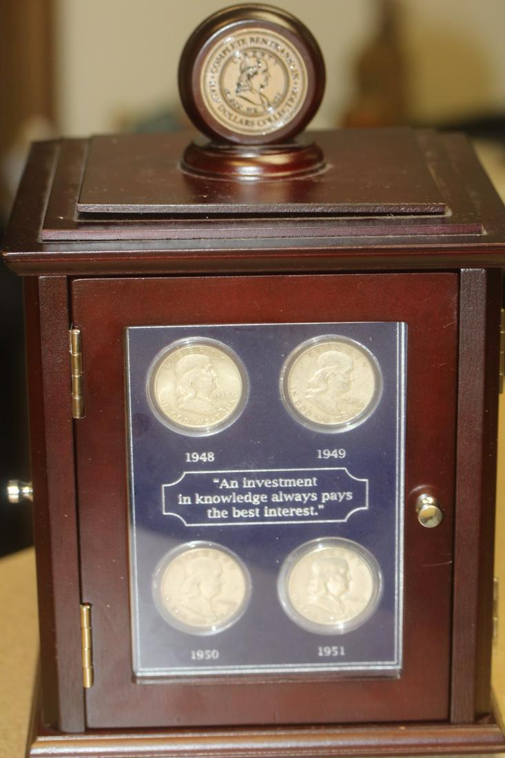 Rare Franklin Mint Coin Set: 16 coins - Franklin 90% silver half from 1948 till 1963 - full set - to include the wooden spinner - container 10 1/4" tall
