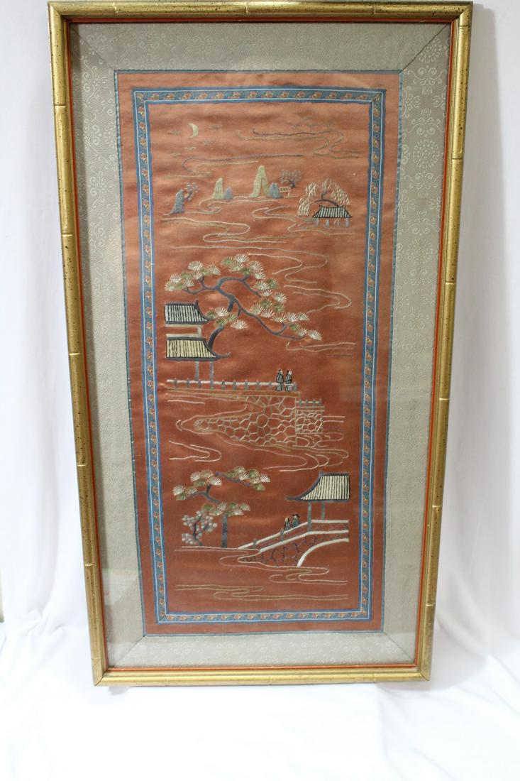 A Chinese Embroidery: Possibly old - overall= 27" x 14 1/2" - framed