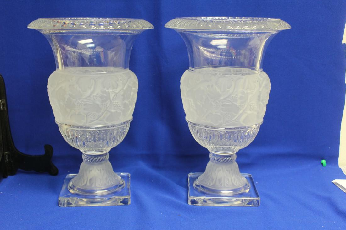 A Pair of Impressive Frost Glass or Crystal Urn: 12 inches tall each - please note: chip on one vase, but still a nice looking pair