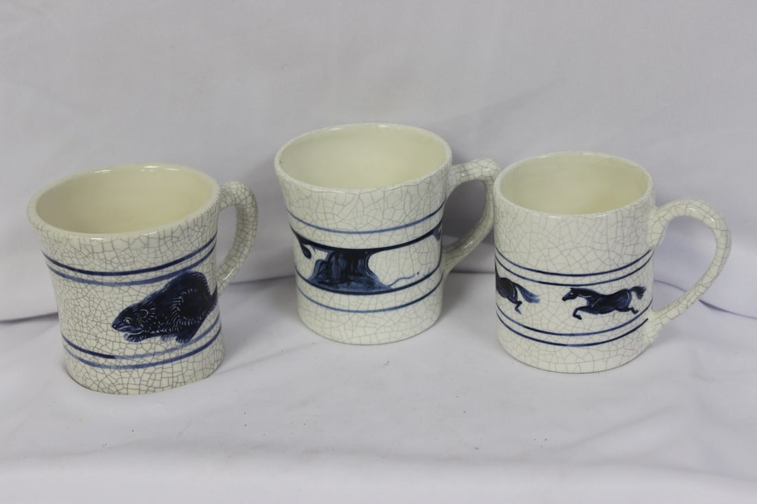 Lot of 3 Blue and White Cups: signed - each cup= 3 inches tall