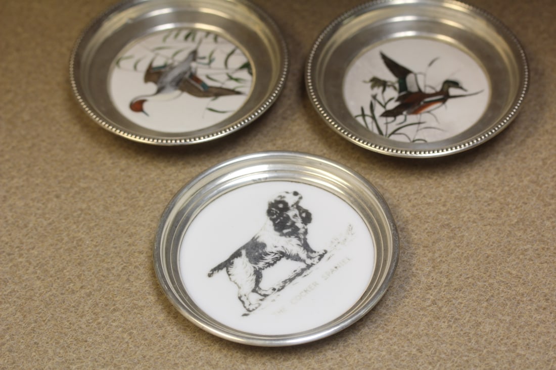 lot of 3 sterling rim porcelain coasters: please note; one coaster as found, 4 1/2" in diameter = largest