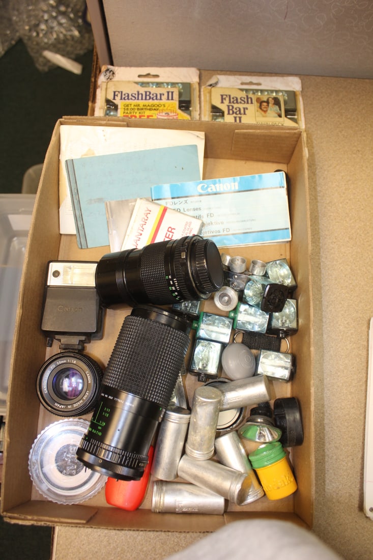 Lot of Camera Accessories: to include lenses, flash, negatives, manuals, filters etc