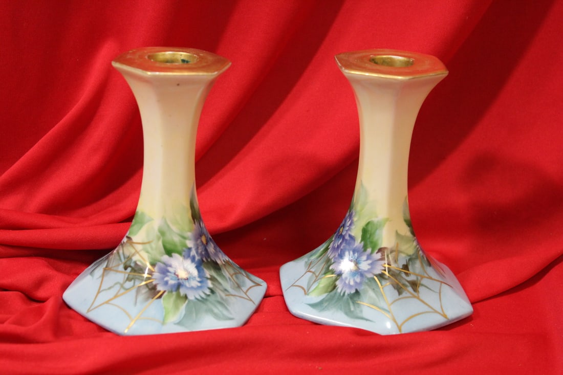 A Pair of T&V Limoge Hexagon Candles Sticks: 5 3/8" tall