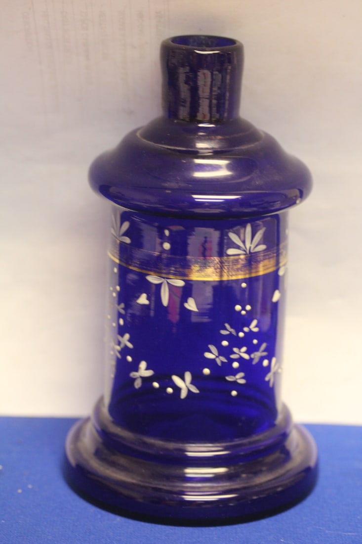 Cobalt Blue Glass Bottle: hand painted - 7 inches tall
