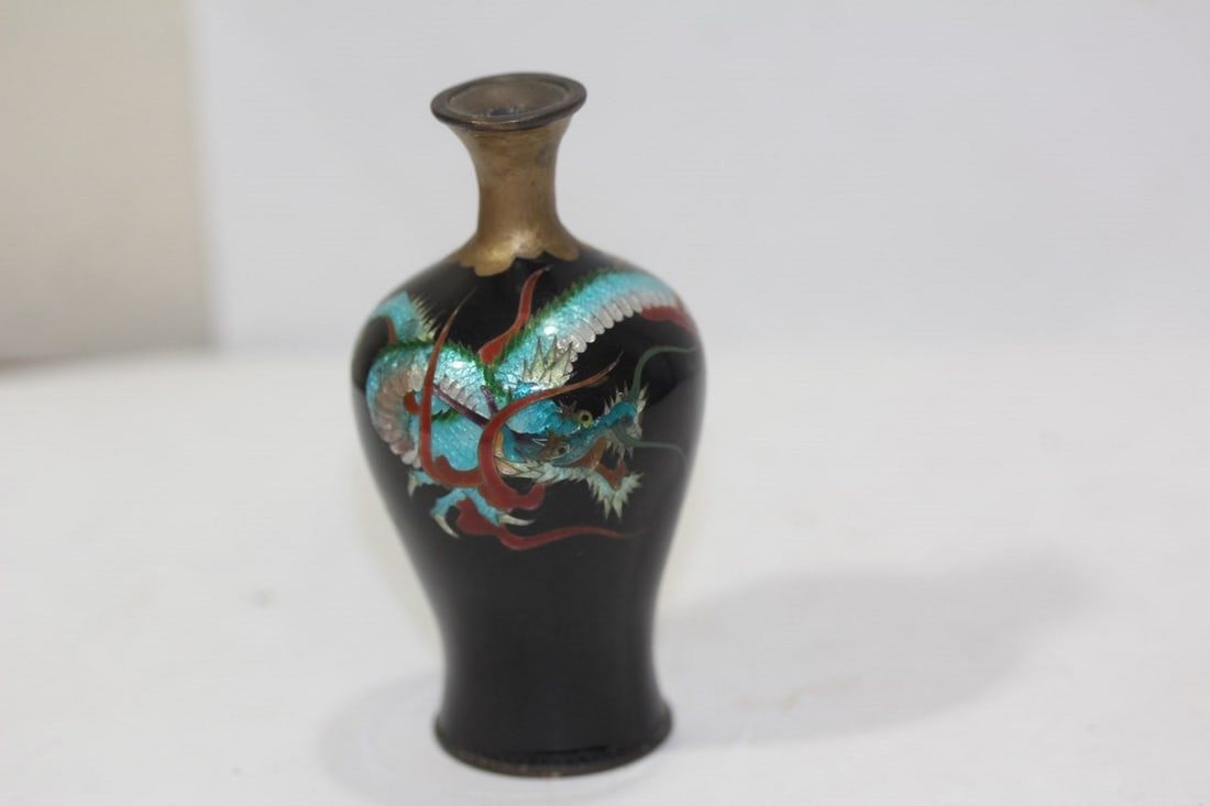 A Small Meiji Period Dragon Vase: Cloisonne - beutifully done - please note: neck = gold enamel repair - 3 5/8" tall