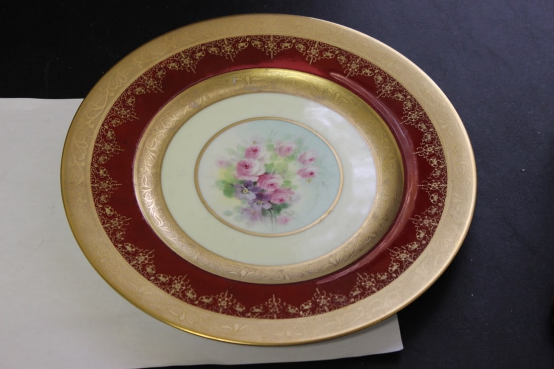 A Gold Gilted Royal Bavarian Hutschenreuther Selb Bavaria Dinner Plate: Very beautiful with red boarder, Rare. Has a makers name on the plate, but cannot decipher who it is - 10 3/4 inches in diameter