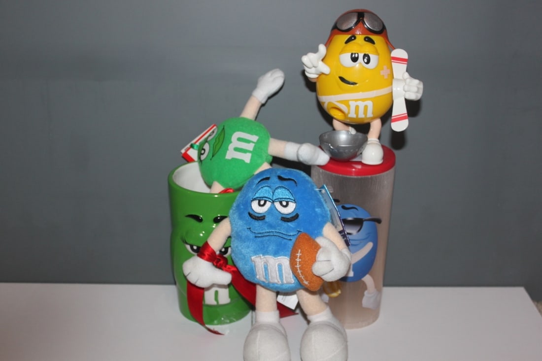 Assorted M&M's Collectibles - Yellow Pilot, Green Coffee Mug: Blue and Green Stuffed and Tumbler - see condition on photos
