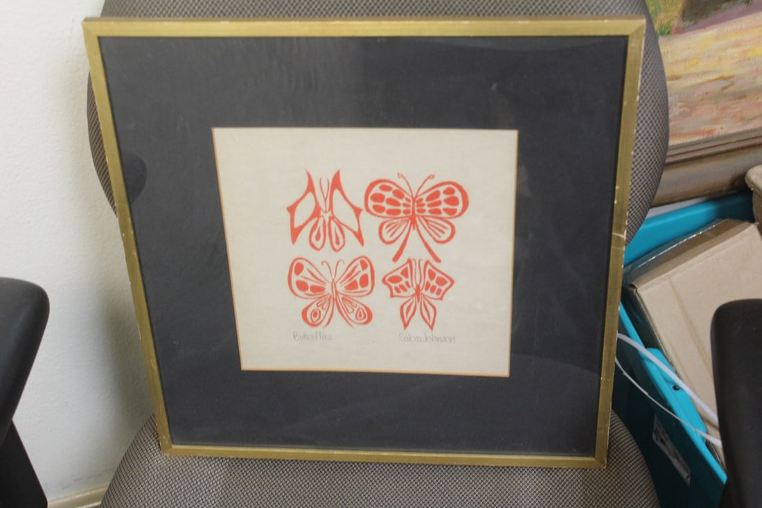 Sabra Johnson Butterflies Woodblock Print: signed - framed - overall= 16" x 15 1/2"