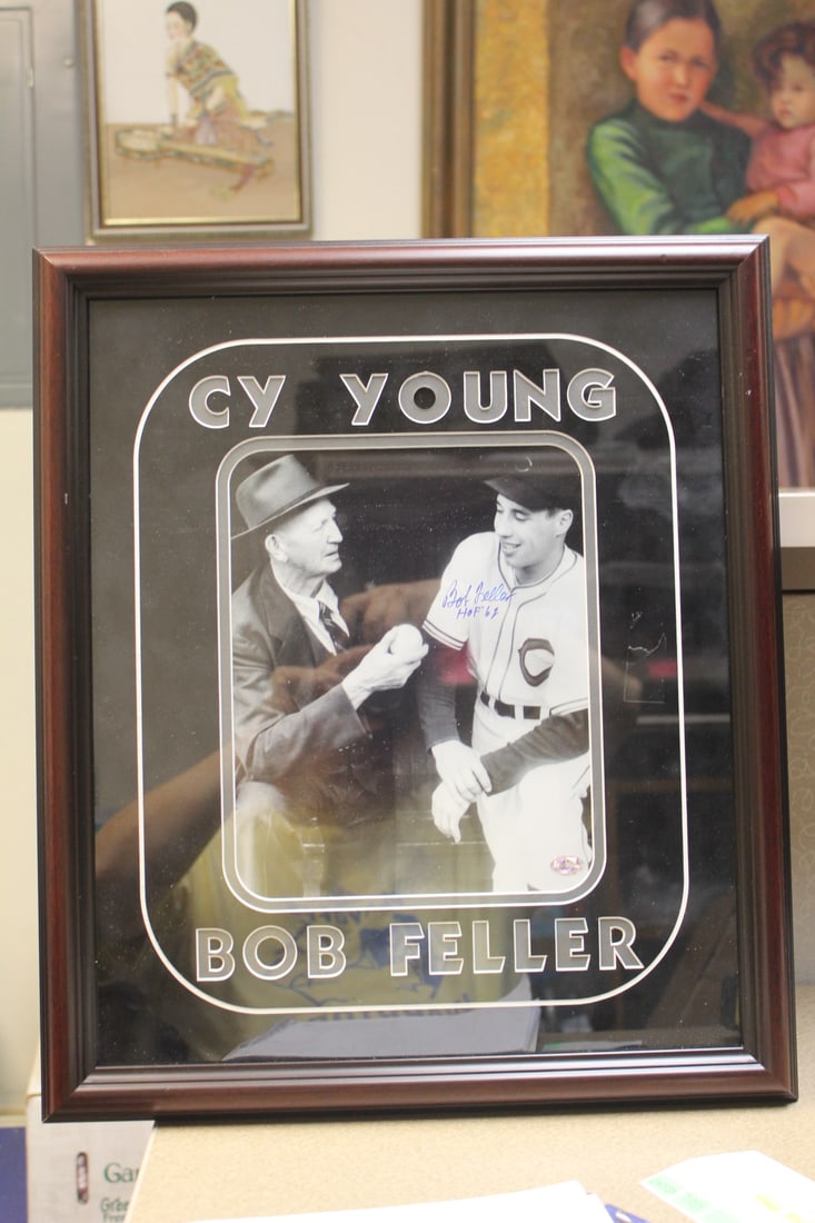 Bob Feller Autographed Photograph: with Cy Young - framed - overall= 18 1/2" x 16"