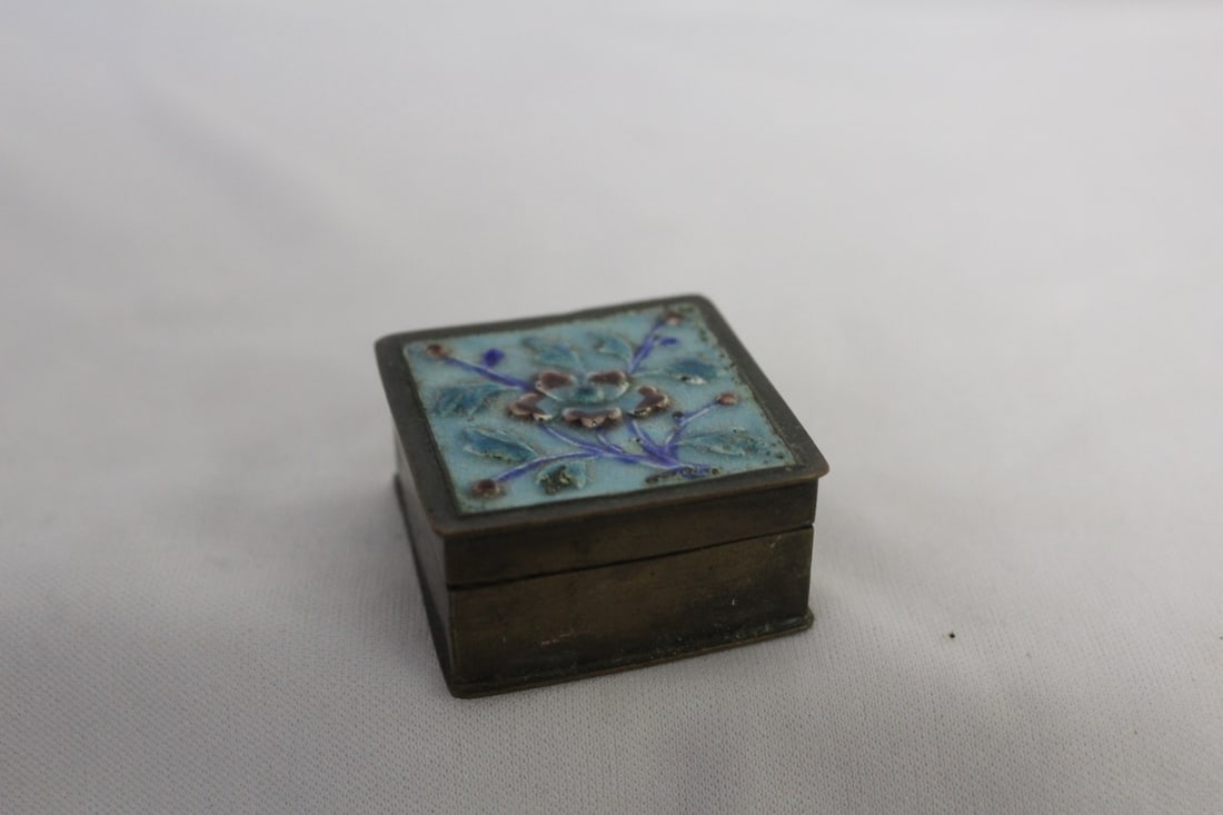 A Marked Enamel Pill Box: marked China - 1 1/2" square