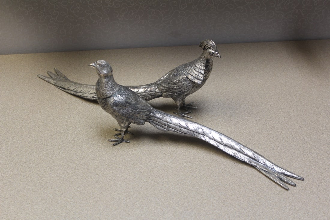 Pair of Silverplated Pheasants: 15 inches long each