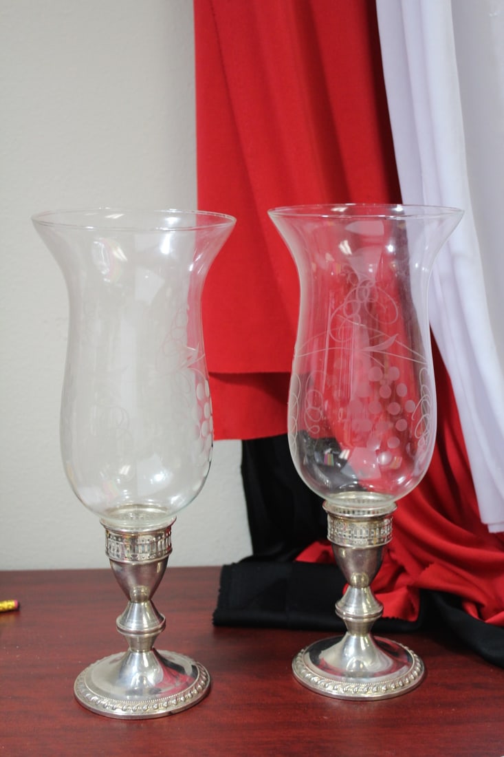A Pair of Sterling Weighted Base Hurricane Lamps: both acid etched - approximately 12" tall