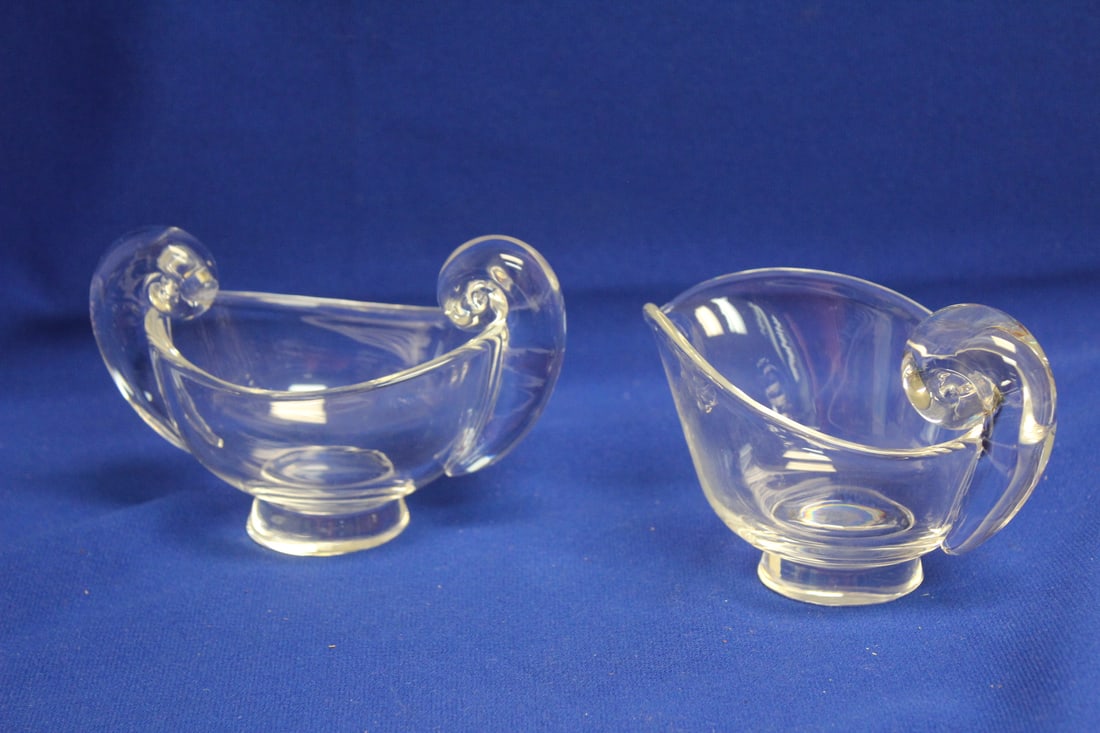 A Steuben Creamer and Sugar Conatiner: rare - snail design - creamer= 5 inches across