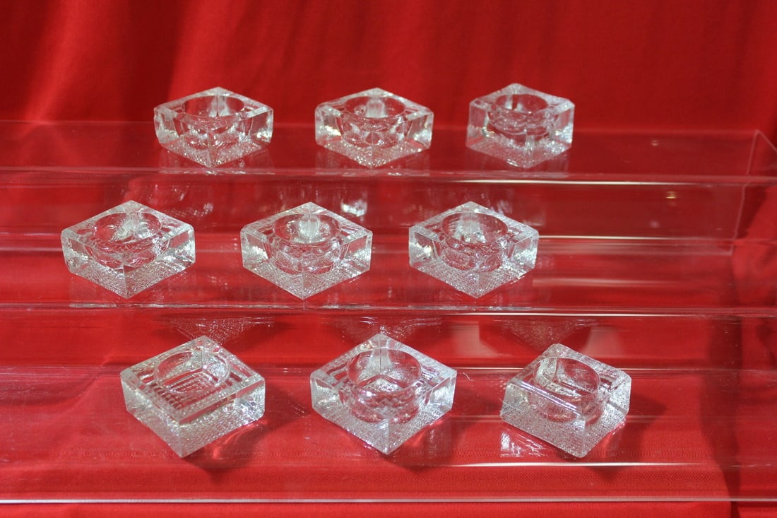 Lot of 9 Small Glass Salt Containers: 1 3/4" square each