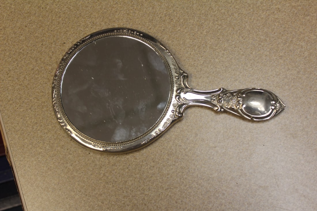 Ornate Silverplate mirror: 9 3/8" across