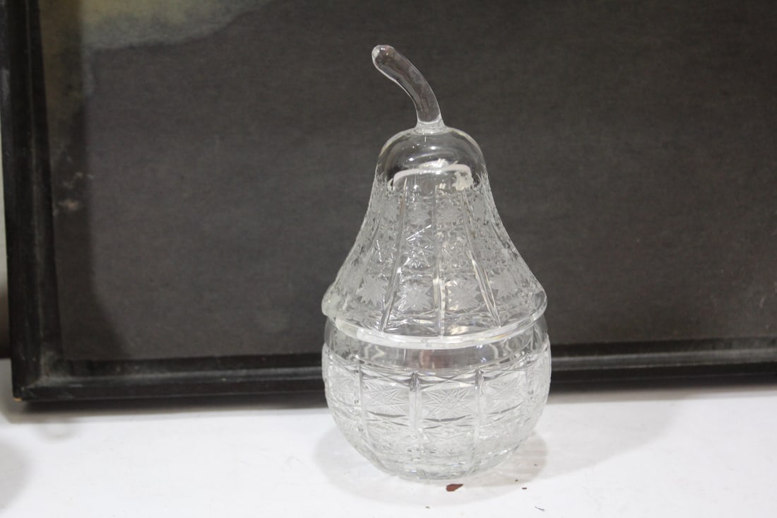 A Pear Shape Container with a Lid: cut glass - 7 inches tall