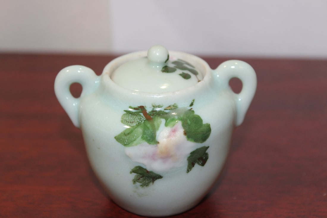 An Antique/Vintage Chinese Celadon Sugar Container: 3" tall