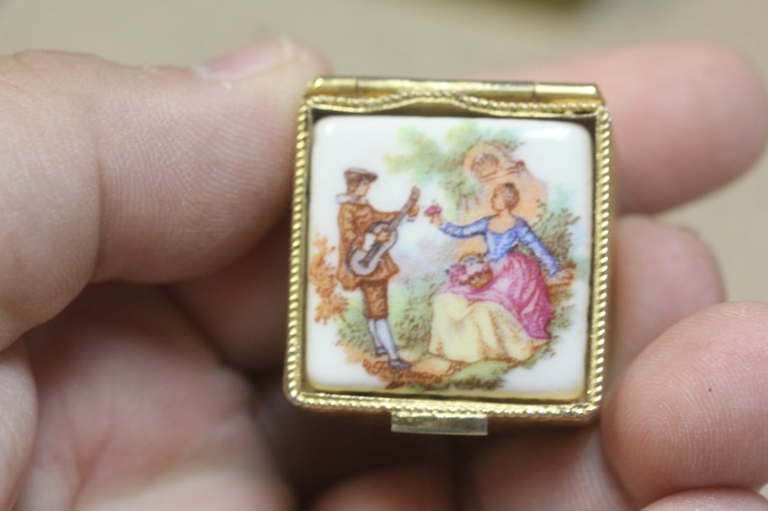 Porcelain and Metal Pill Box: as shown