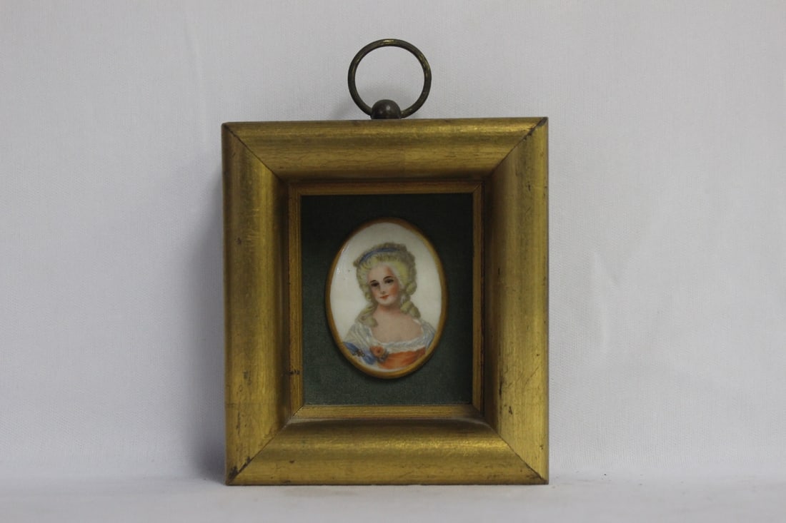 A Miniature Porcelain Portrait Painting: inside a shadow box - overall= 4 1/8" x 3 5/8"