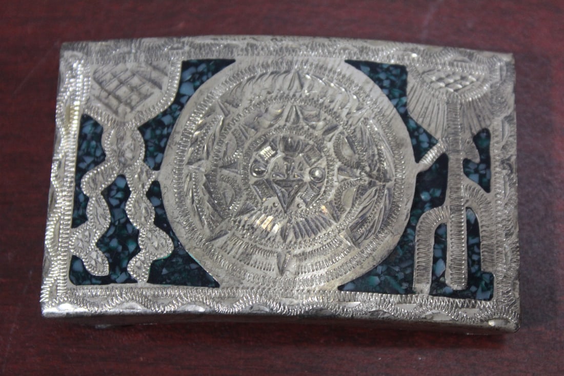 Alpaca Mexico Belt Buckle: inlaid silver or silver plated - 3 3/8" across