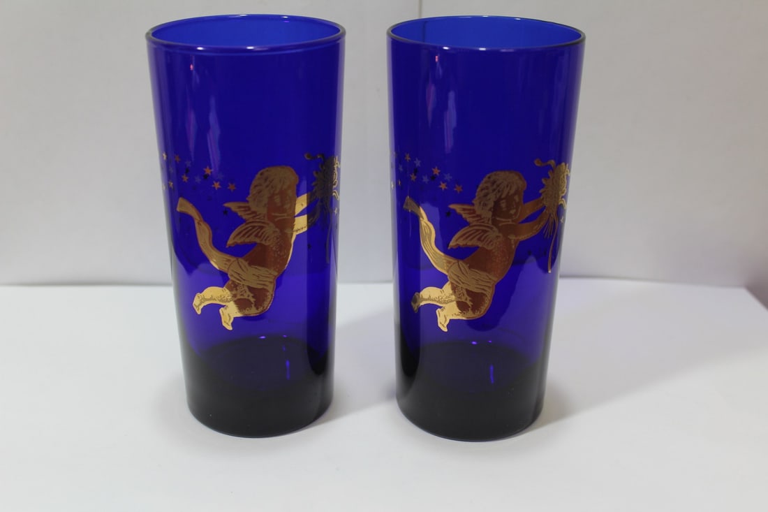 A Pair Of Cobalt Blue Gold Painted Glass Goblets: 6 1/4” tall
