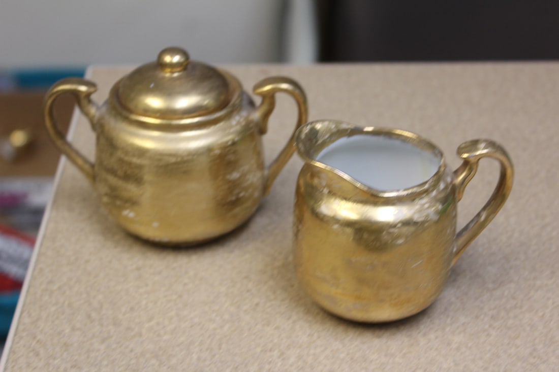 Gold Plated Cream and Sugar Container: porcelain - sugar= 4 1/2" across