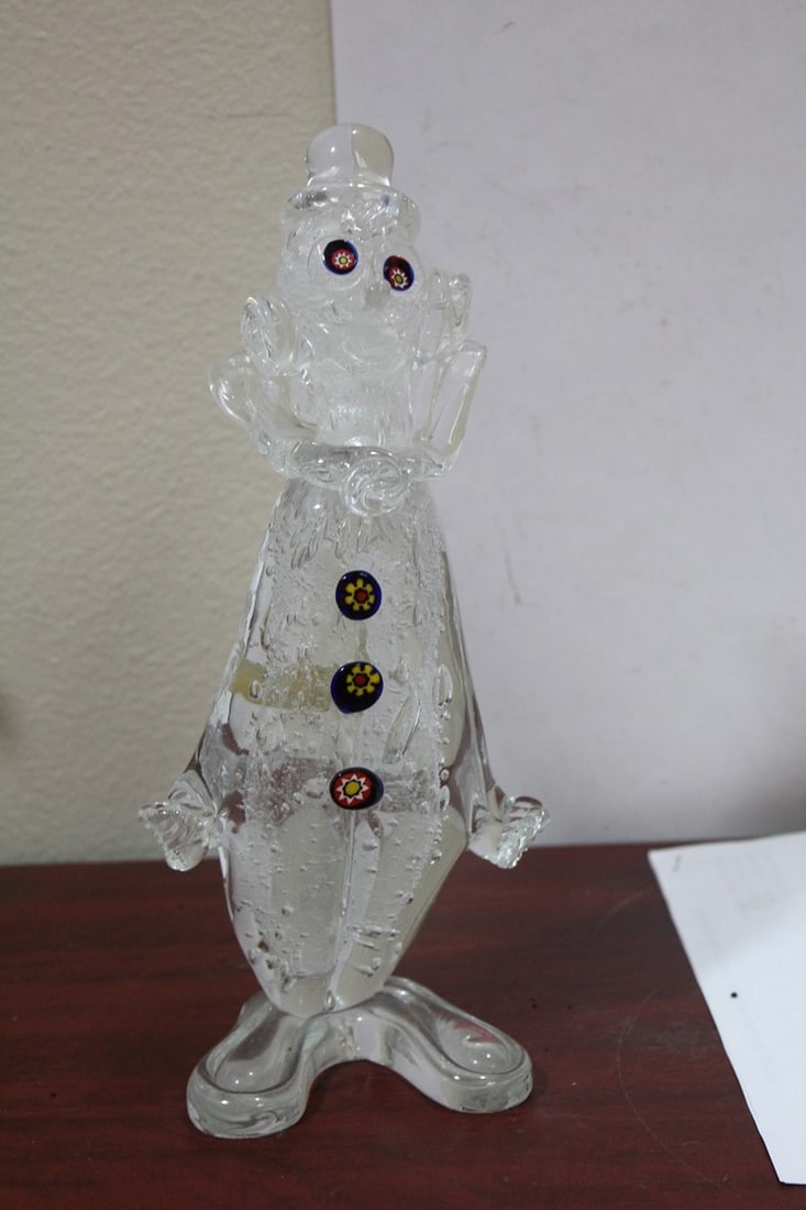 A Rare Clear Glass Murano Clown: millifiori eyes and buttons - 10" tall