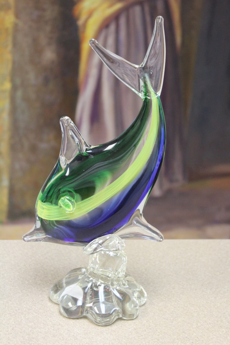 Art Glass Dolphin Signed Veni: believed to be Murano artist Dante Veni - 12 1/2" tall