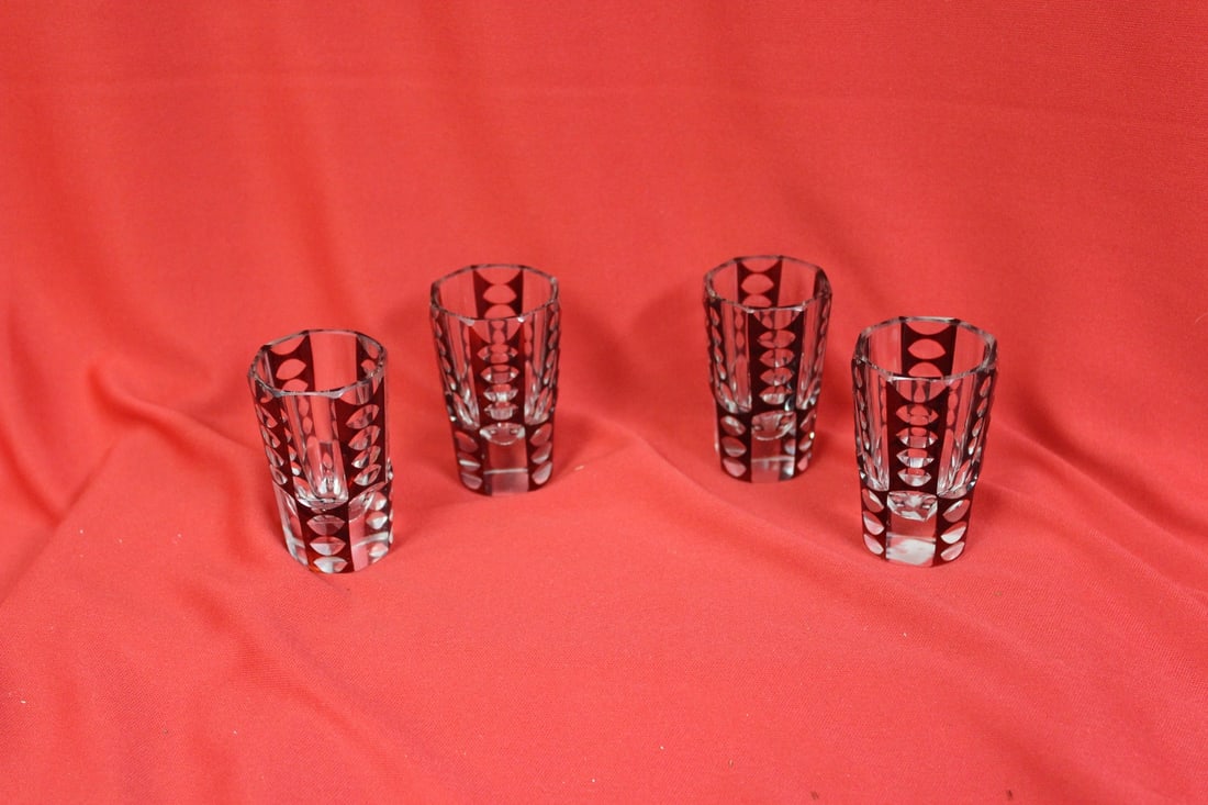 Set of 4 Ruby Cut Glass Shot Glasses: beautifully designed - just 2 1/2" tall each