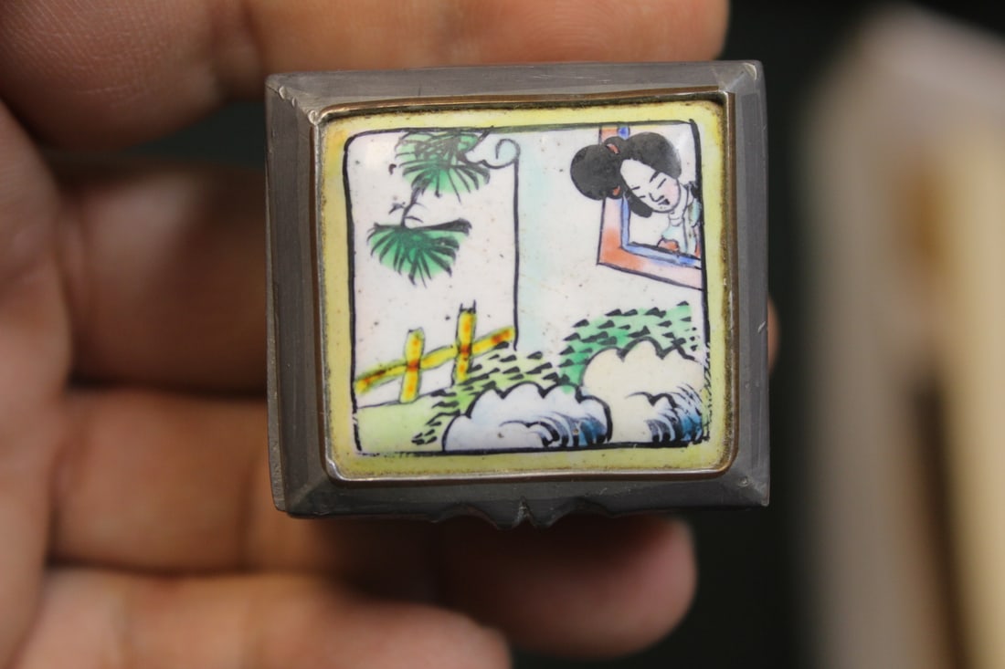 Antique Chinese Pewter Enamel Pill Box: rare form - marked "China" - 1 1/2" x 1 3/8"