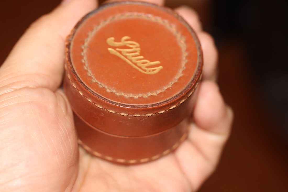 Studs Leather Container: possibly for dices? - 2 inches in diameter