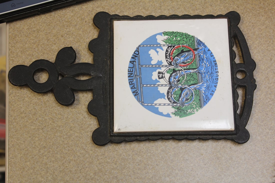 Cast Iron and Tile Trivet: 9 1/4" tall