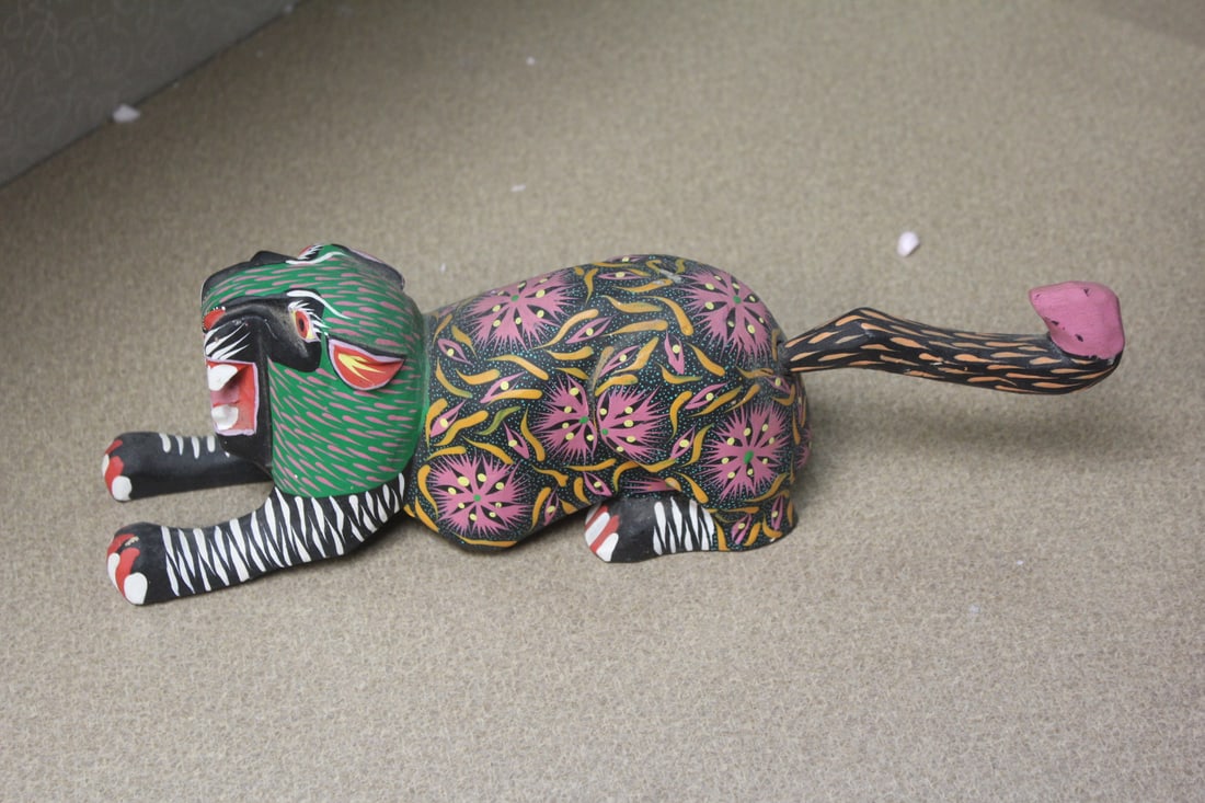 Mexican folk art wooden cat: signed Calvo , 13" across