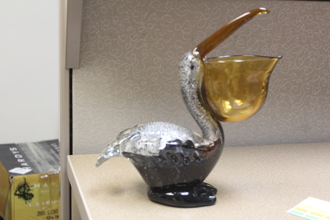 Art Glass Pelican: most likely Murano - 10" tall - unusual, open mouth style