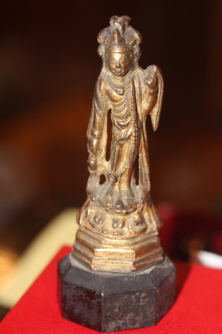 Antique Bronze Statue: on wood stand - most likely Thai - overall= 4 5/8" tall