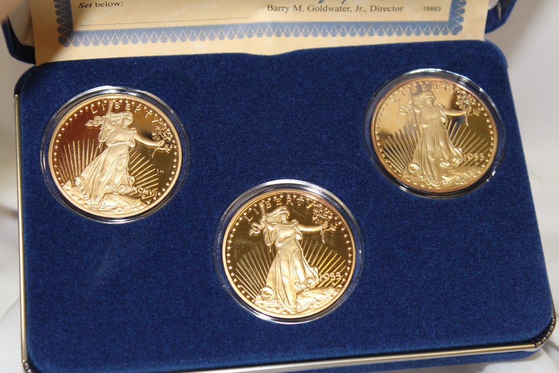 A 24Kt Layered on Pure Silver 3-Coin Set: with one troy ounce each - National Collector's Mint COA