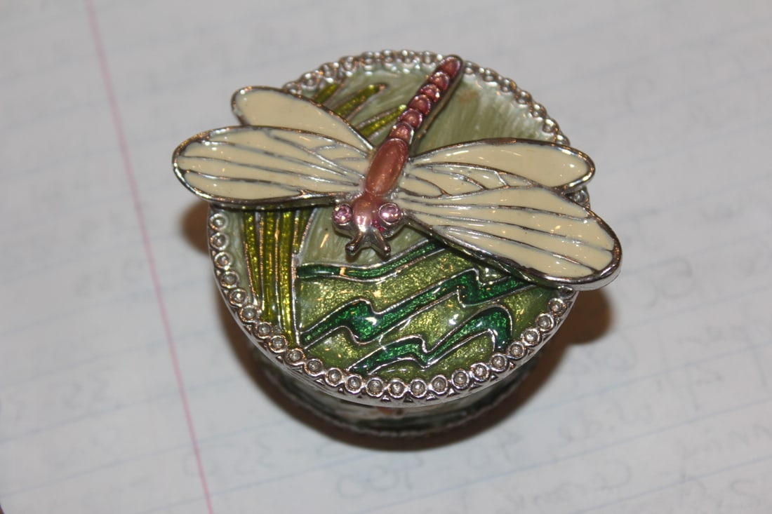 Enamel Dragonfly Trinket Box: enamel on metal - 2 1/8" across