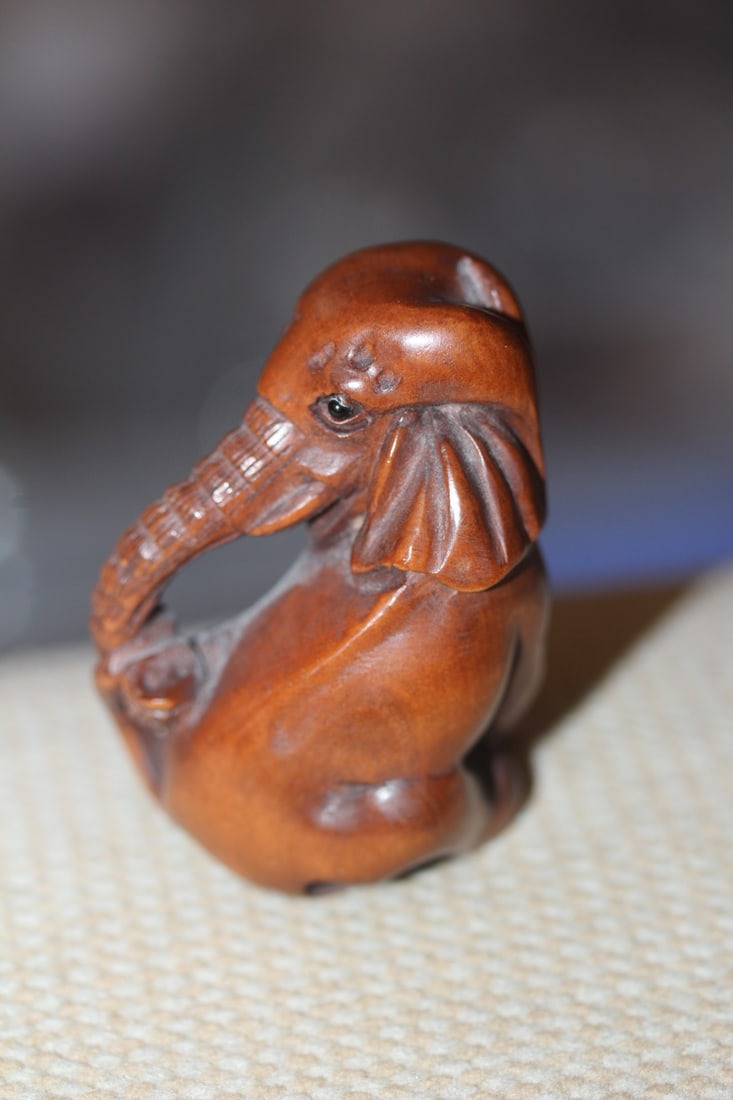 Japanese Wooden Elephant Netsuke: 2 inches tall