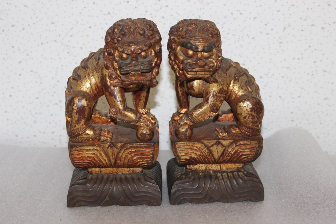 A Pair of Gold Guilted Wooden Lions: Chinese- Antique - mid republic period - 7" tall