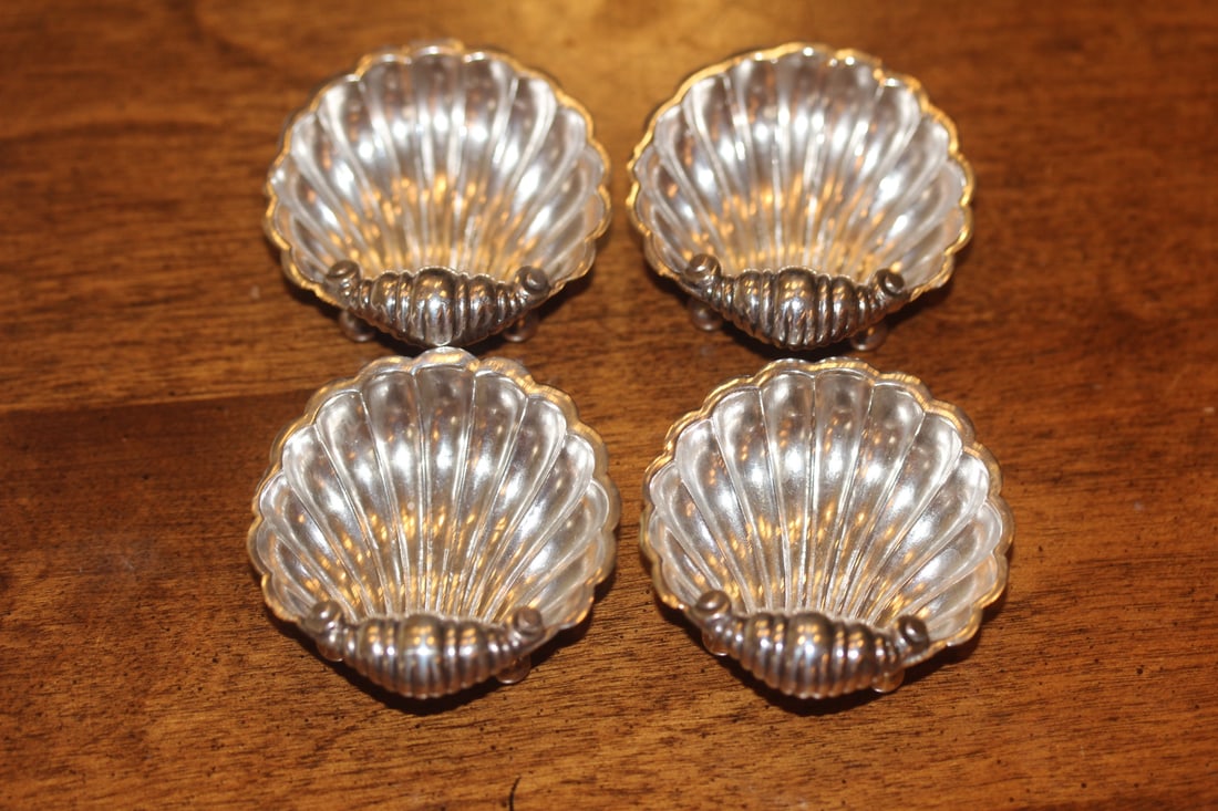 Set of 4 Sterling Salt Cellars: footed - shell form - antique - 19th century