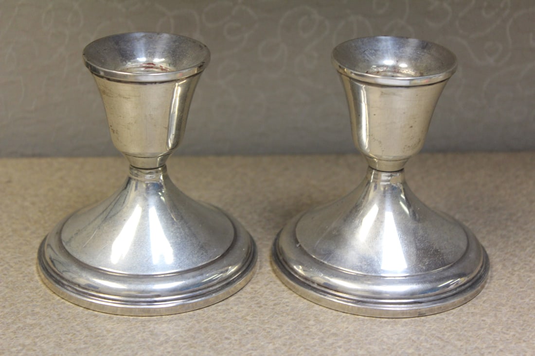 Set of 2 Weighted Sterling Candle Holders: 3 1/2" tall
